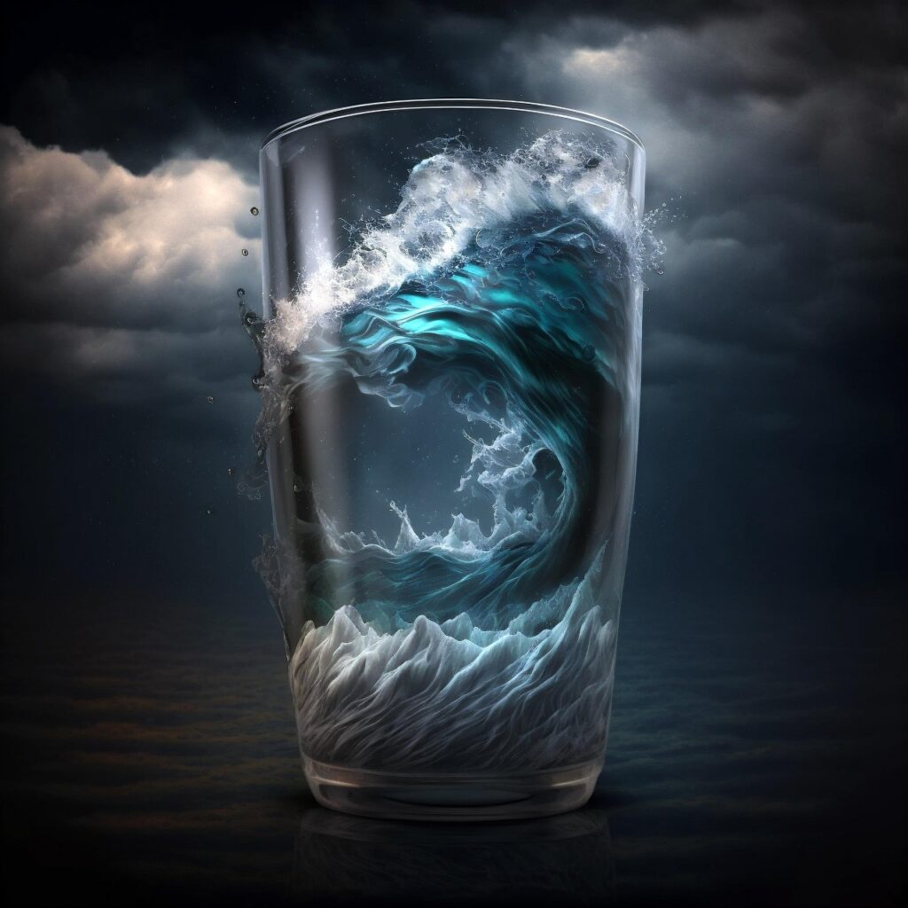 ai generated, glass of water, nature, sea, waves, tidal wave, sky, clouds, storm, liquid, gloomy, weather, water, fantasy