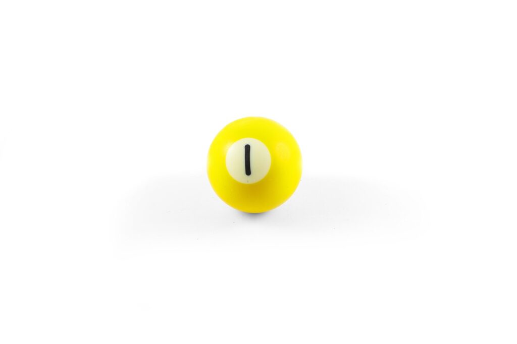 ball, yellow, pool, closeup, life, symbol, one, cutout, macro, recreation, over, number, still, sports, hobby, indoors, game, billiard, snooker, isolated, leisure, white, 1, studio, circle, object, close, play