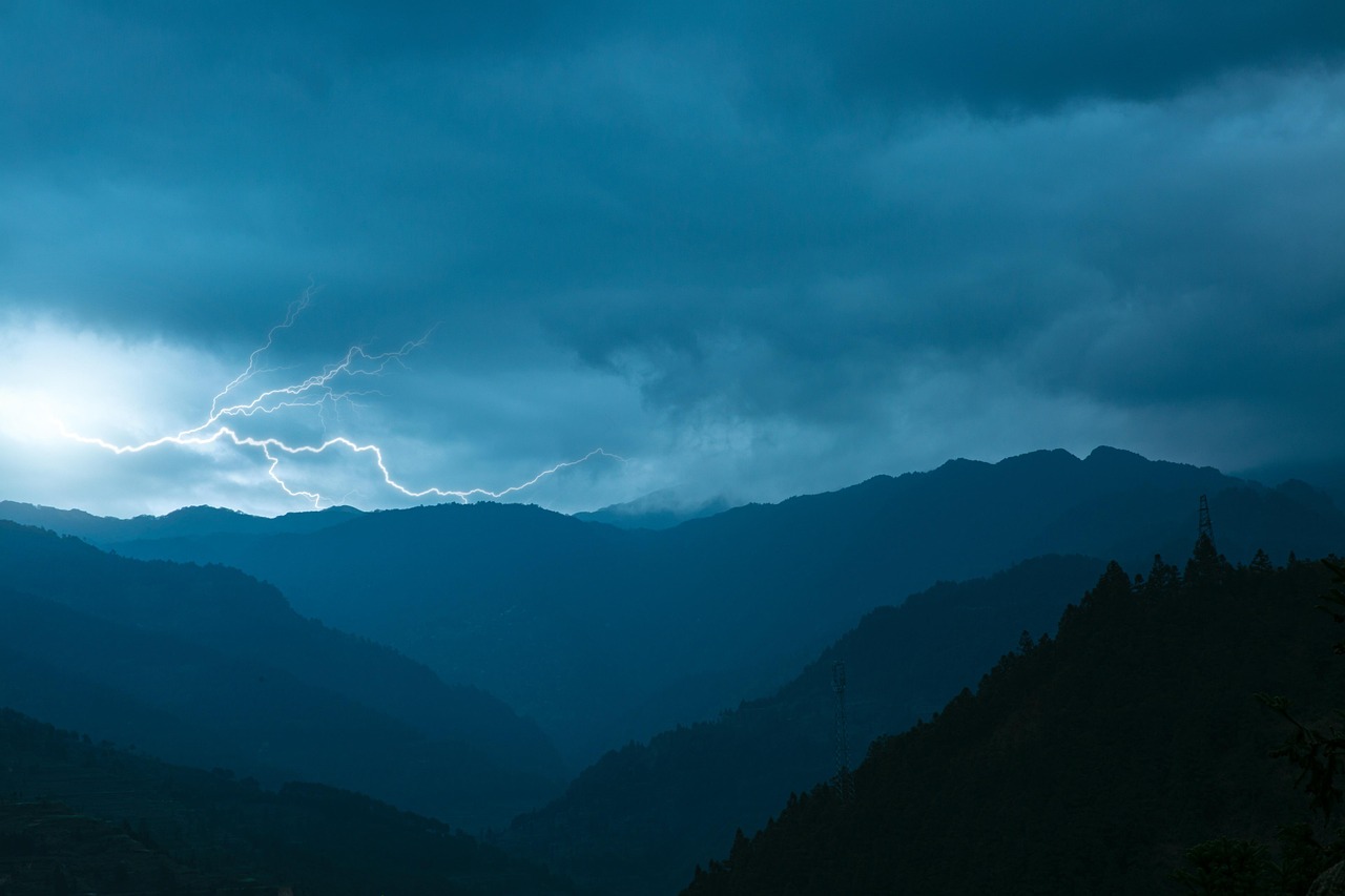lightning, storm, sky, cloud, mountain, outdoor, wilderness, nature, dark clouds