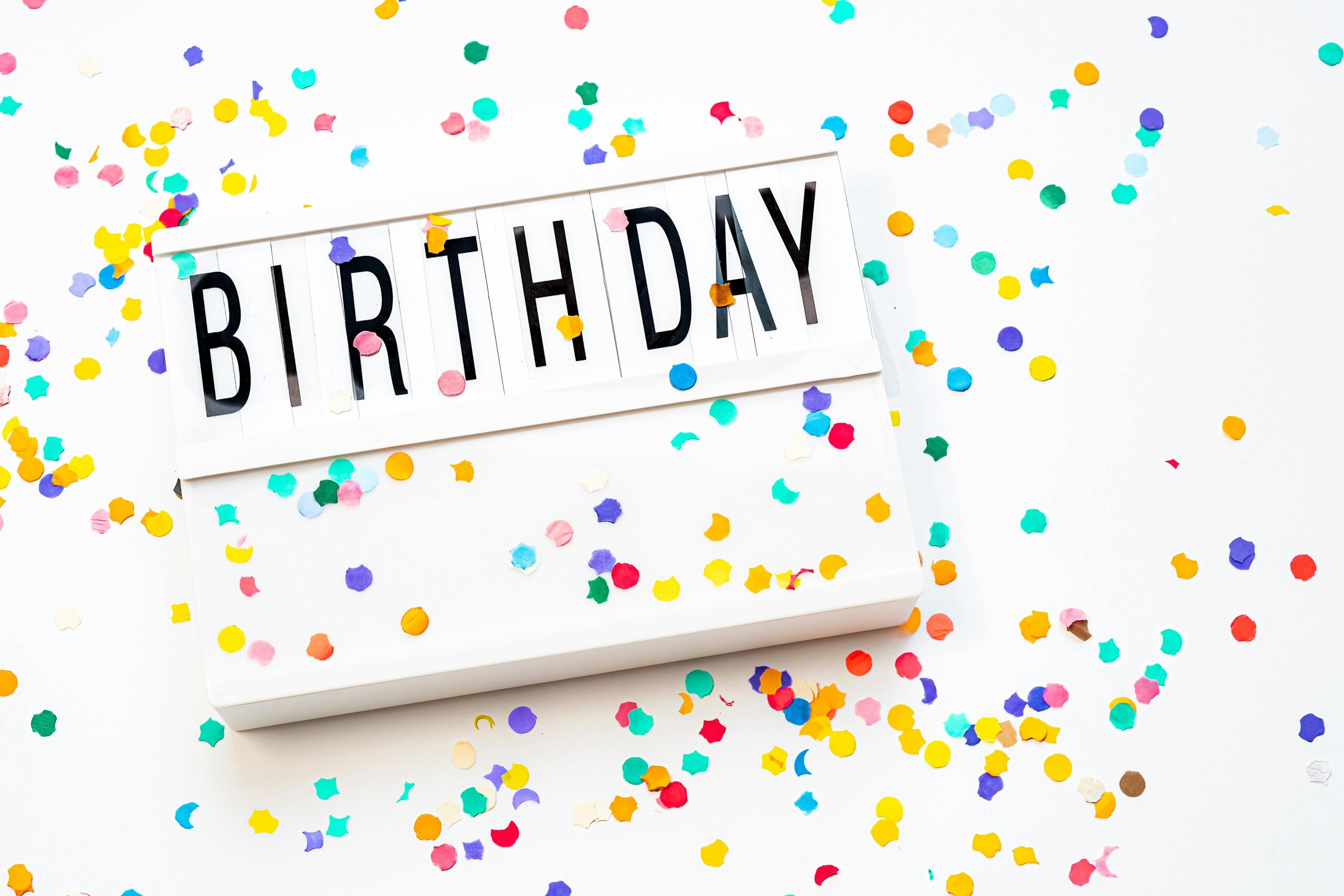 A vibrant birthday celebration background with colorful confetti and a birthday sign.