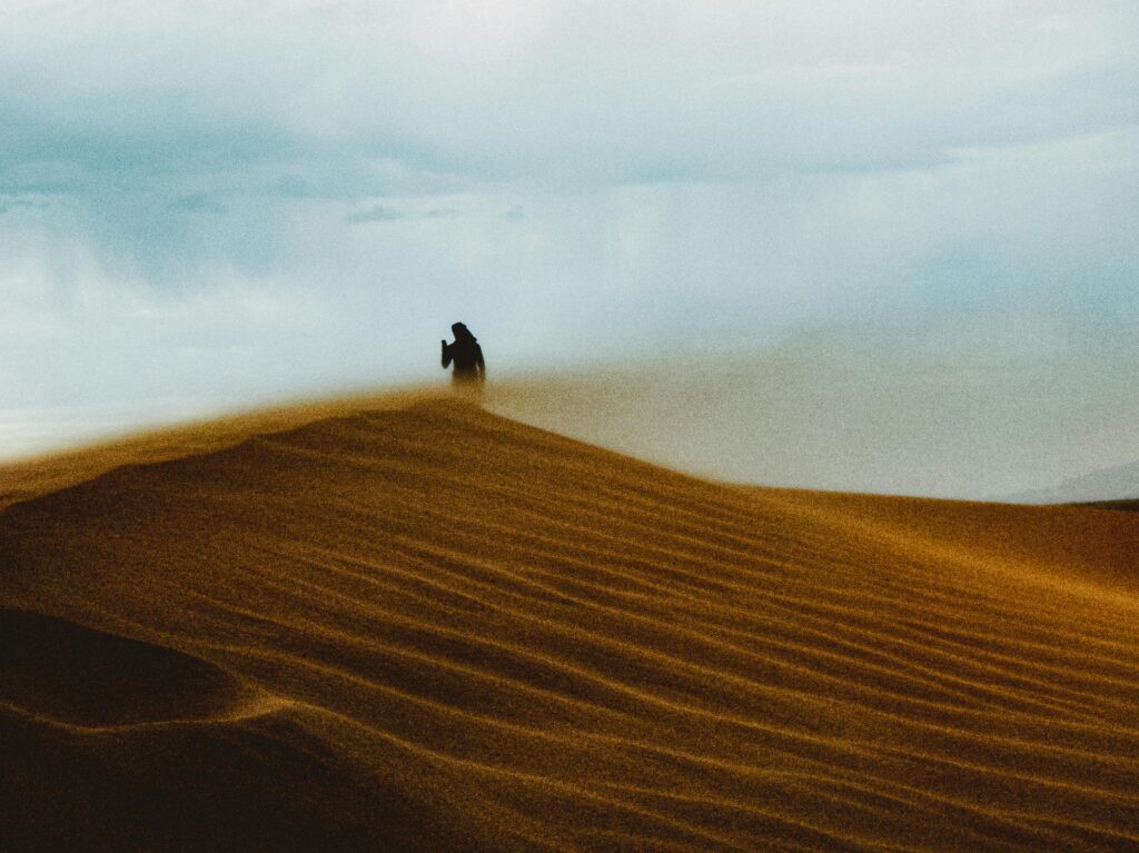 Silhouette of a person on sand dunes in the Algerian Sahara at twilight, capturing adventure and serenity.