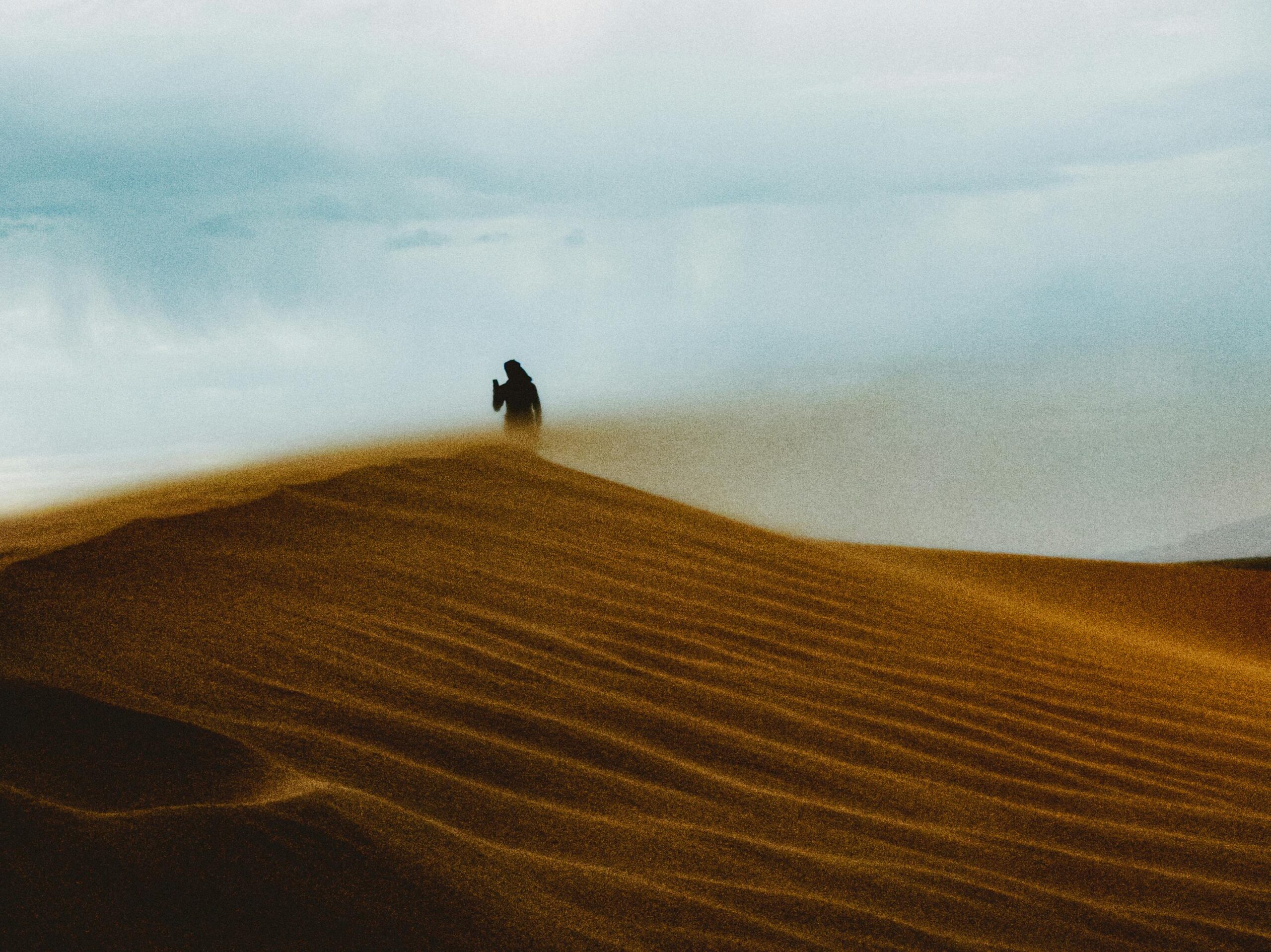 Silhouette of a person on sand dunes in the Algerian Sahara at twilight, capturing adventure and serenity.
